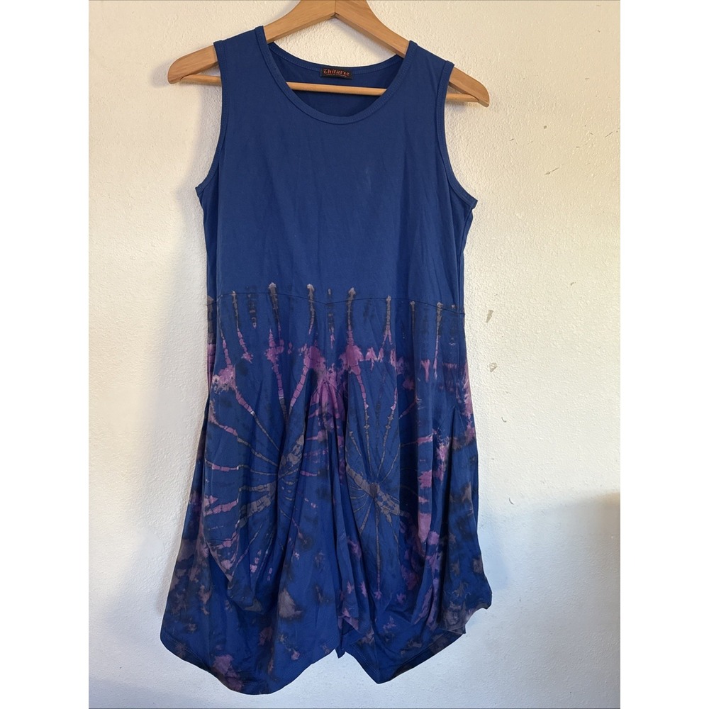 Lagenlook‎ Dress Shift Linen Blue Lantern Thailand Bubble Pockets Sz S